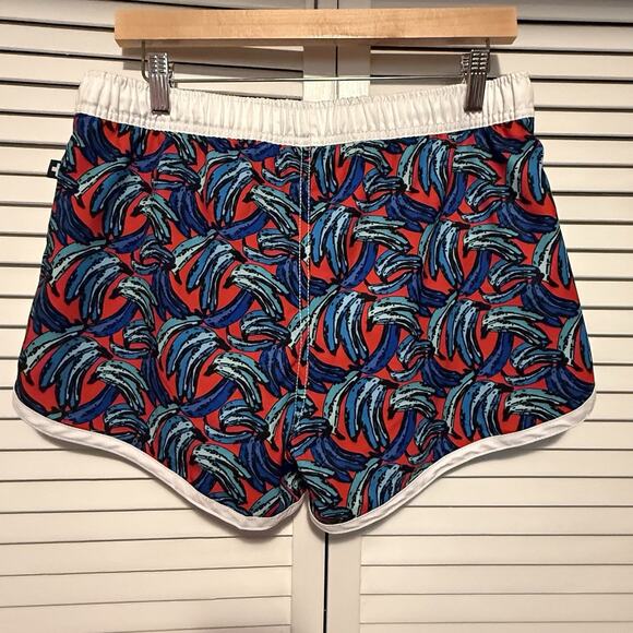 Andrew Christian SIZE LARGE 3" Lined SwimShorts Banana Print Red Blue Trunks Men - Picture 2 of 12